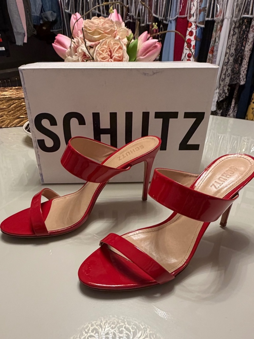 Schutz Leia Red Patent Leather Mule Heels Sandals